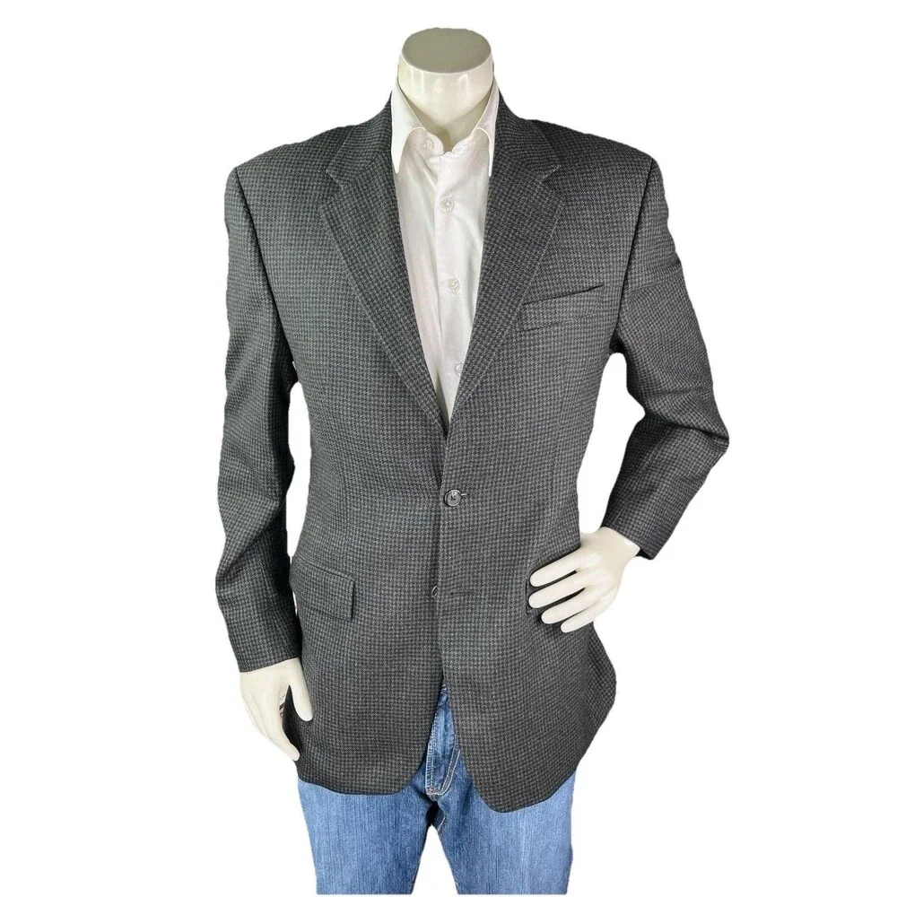 Ralph Lauren Chaps Blazer Jacket Men 40L Houndstooths 100% Pure Wool Sport Coat